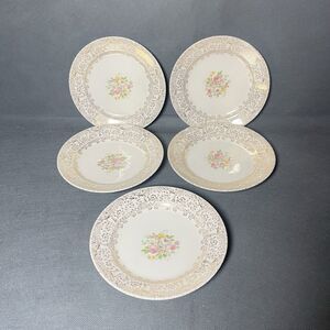 Bread Plates 6"Royal China, Rose Glory 22 Kt Gold Union Made-Set 5-Vintage 1950s
